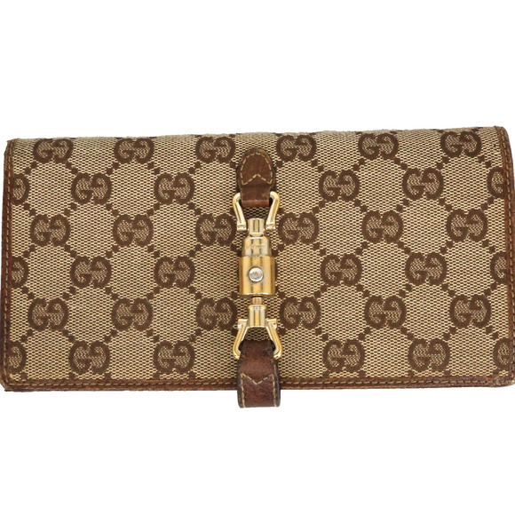 Gucci Wallet Clutch Womens Beige Brown Canvas Leather Trim Lined Pin Latch - Picture 1 of 11